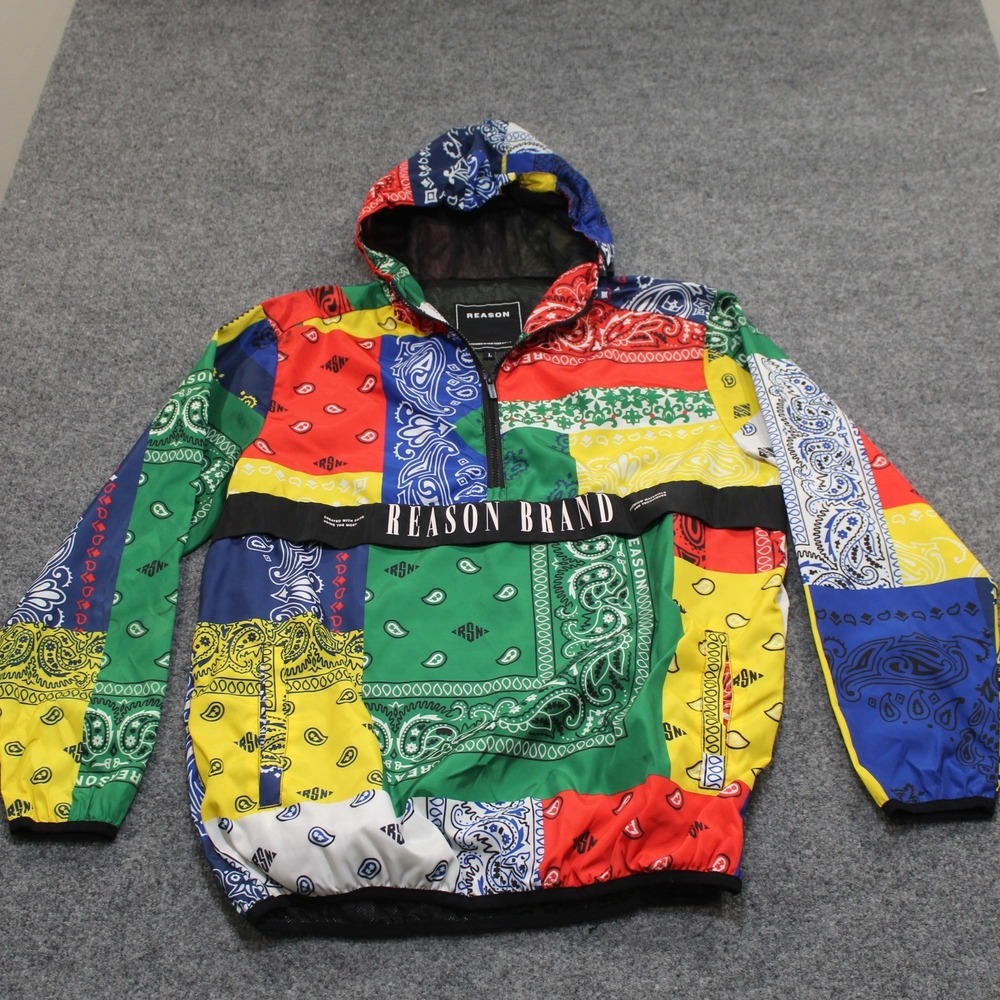 Reason Brand Mens Bandana Patchwork Half Zip Windbreaker Jacket Multicolor L